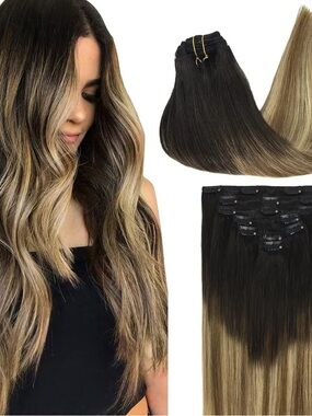 22” Clip-In Ombre Balayage human Hair Extensions - Dark Brown to Blonde 7 pcs